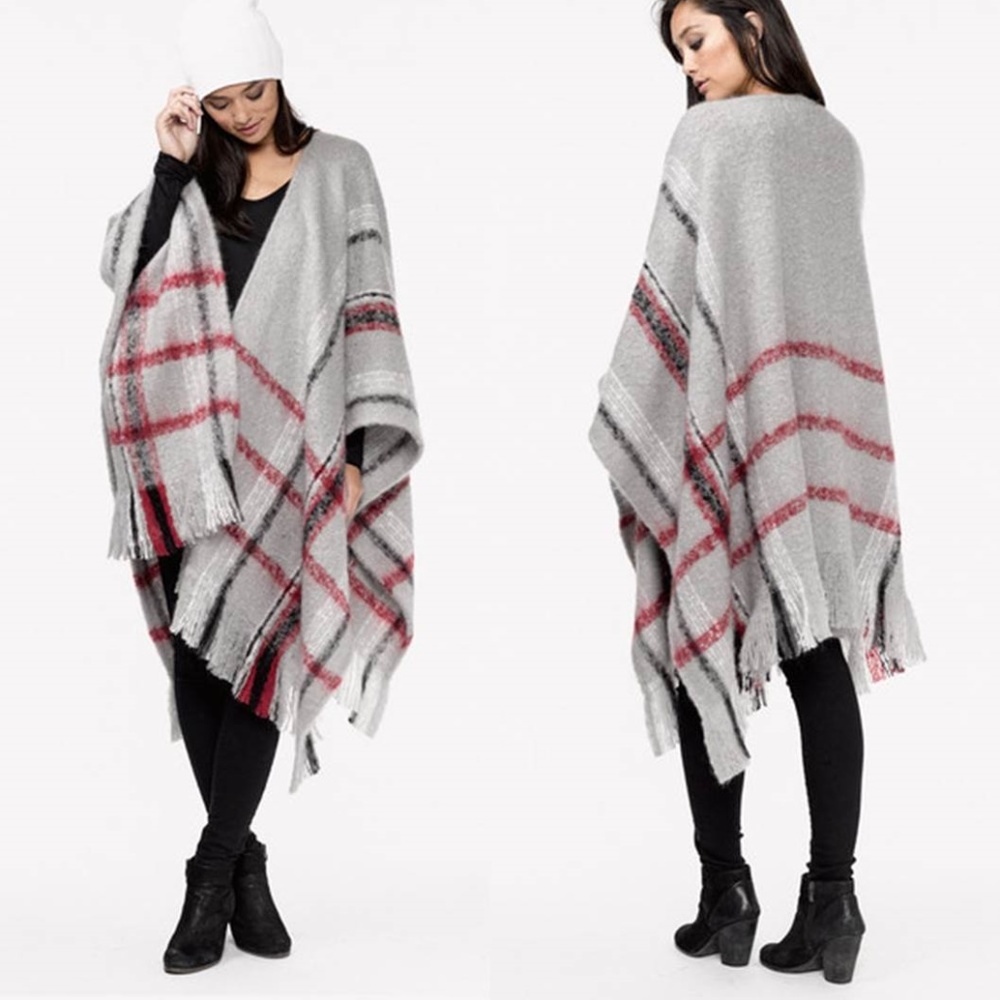 NWT LOVE STITCH Grey Plaid Fringed Poncho One Size